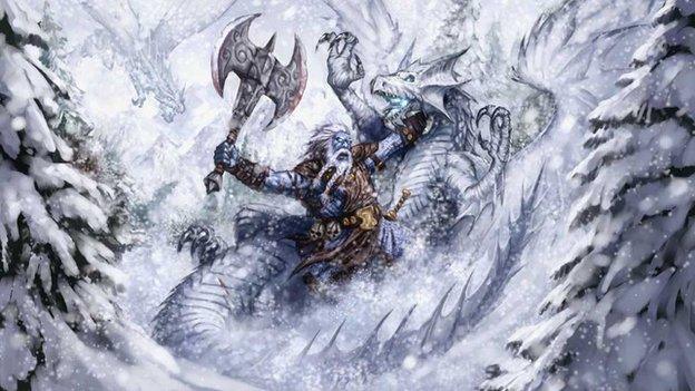 Illustration of warrior fighting dragons in snow