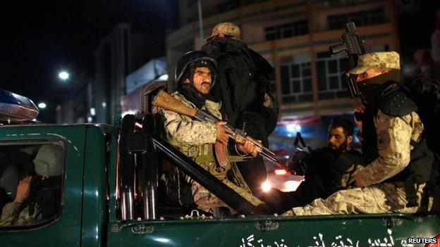 Afghan security forces at the Serena Hotel (20 March 2014)