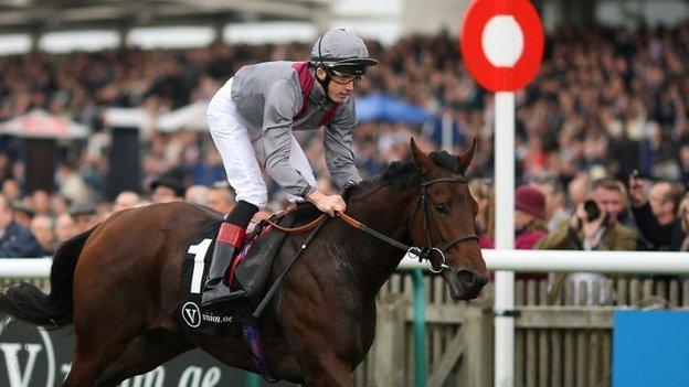 Jockey Martin Harley on Al Thakhira at Newmarket in October 2013