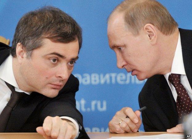 Vladislav Surkov (left) with Vladimir Putin on a visit to Kurgan, Russia, 13 February 2012