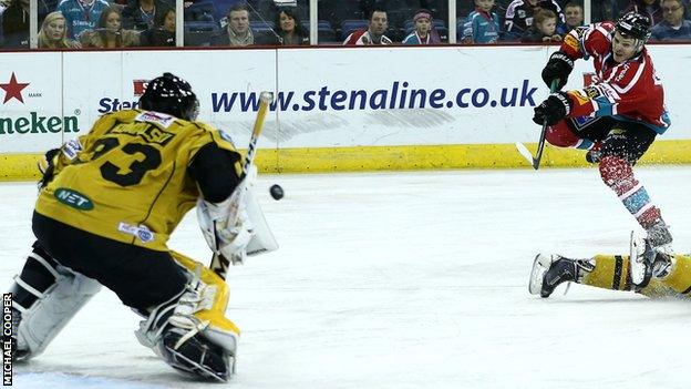 Craig Peacock blasts in Belfast's first goal in Friday's Challenge Cup Final first leg at the Odyssey Arena