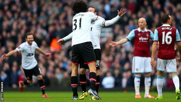 Manchester United striker Wayne Rooney celebrates scoring against West Ham United