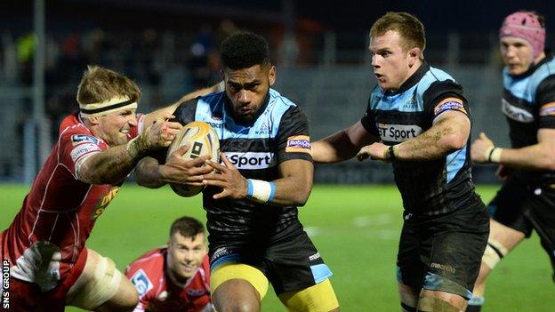 Nikola Matawalu breaks through to score a Glasgow try