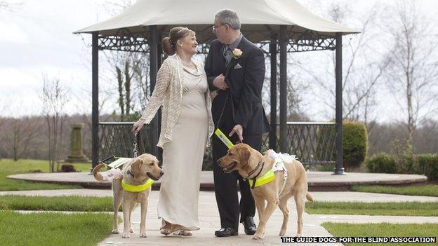 Claire Johnson and Mark Gaffey marry accompanied by guide dogs Venice and Rodd