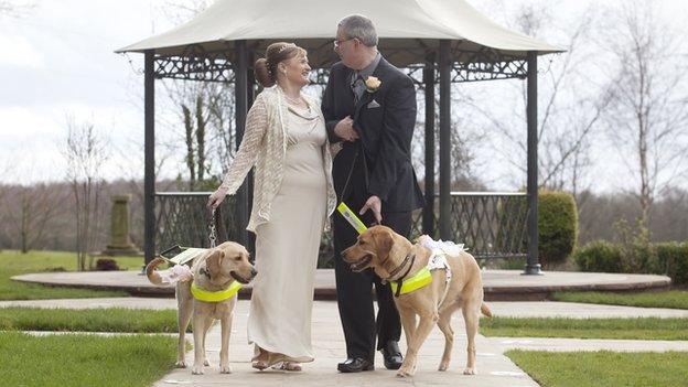 Claire Johnson and Mark Gaffey marry accompanied by guide dogs Venice and Rodd