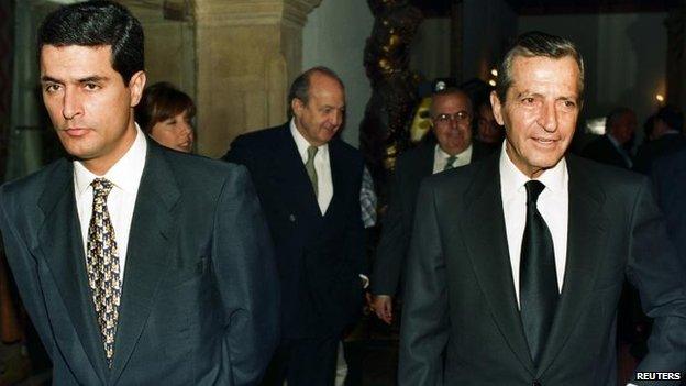 Adolfo Suarez and his son in Oviedo, northern Spain, in October 1996