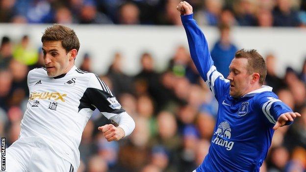 Angel Rangel is challenged by Aidan McGeady of Everton