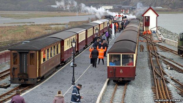 The first train arrives at the newly reopened Porthmadog Harbour station