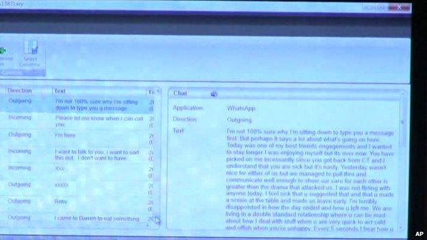 Screen showing messages between Reeva Steenkamp and Oscar Pistorius