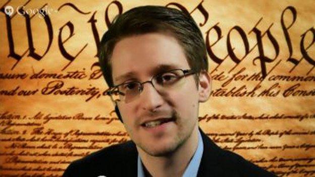 Screengrab shows Edward Snowden speaking via video conference during a panel discussion on internet privacy with representatives from the American Civil Liberties Union (ACLU) at the South by Southwest Interactive festival in Austin, Texas on 10 March 2014.