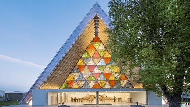 Shigeru Ban's cardboard cathedral in New Zealand - outside