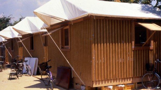 A row of paper log houses in Kobe, Japan, designed by Tokyo-born architect Shigeru Ban, 56