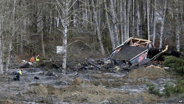 Searchers with a dog work near a demolished home at the scene of a deadly mudslide in Oso, Washington, on 25 March 2014