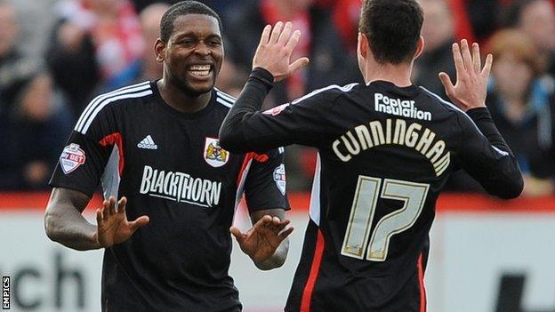 Jay Emmanuel-Thomas celebrates scoring for Bristol City