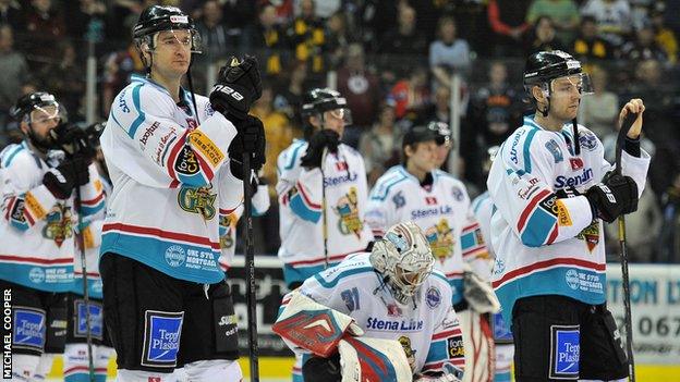 Dejected Belfast Giants players after Tuesday's defeat