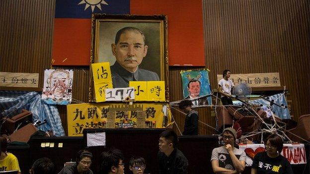 Student protesters occupy the legislature the day after the clash with riot police at the Executive Yuan on 24 March 2014 in Taipei, Taiwan