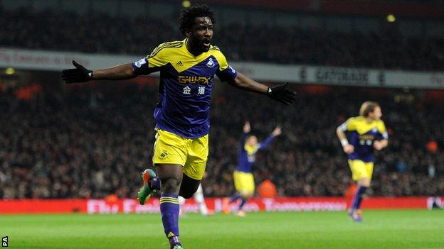 Wilfried Bony celebrates his goal against Arsenal