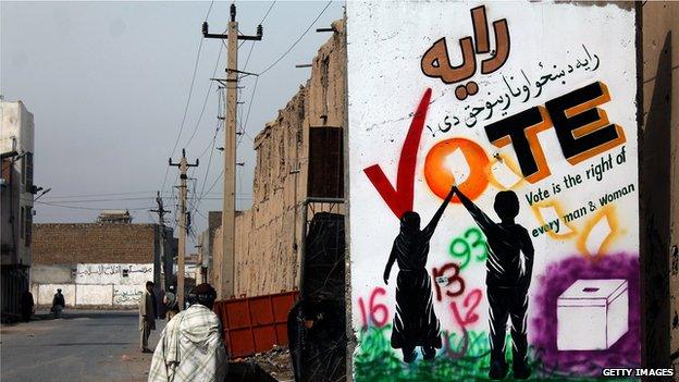 An Afghan pedestrian walks past a wall decorated with an election mural in Kandahar