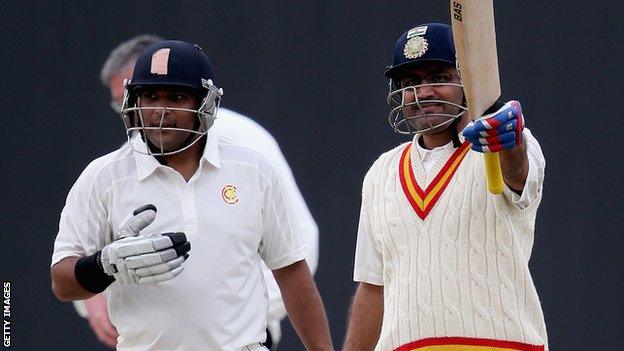 Virender Sehwag reaches his century against Durham