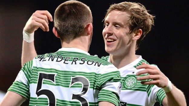 Liam Henderson and Stefan Johansen celebrate