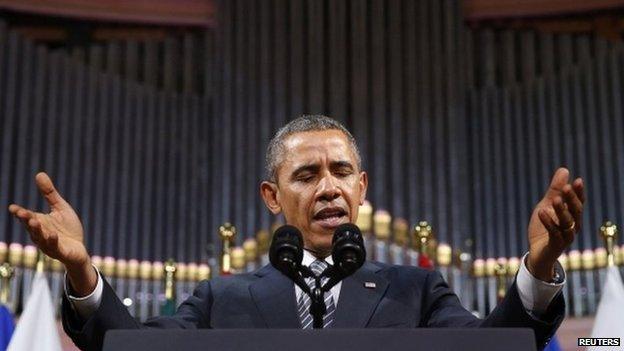 President Obama delivers speech in the Palais des Beaux-Arts in Brussels. 26 March 2014