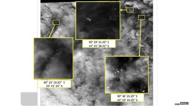 Satellite image showing debris in the southern Indian Ocean