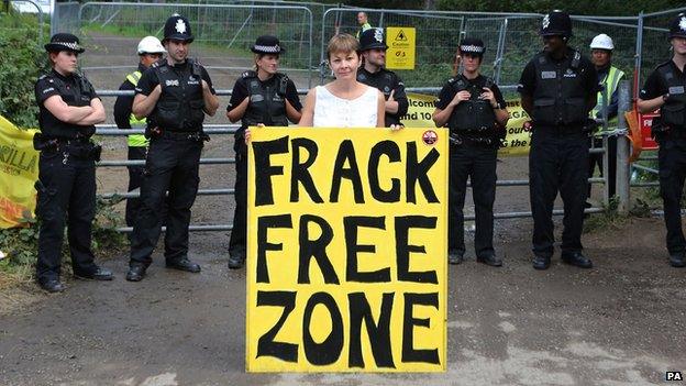 Caroline Lucas outside Cuadrilla's oil drilling site in Balcombe