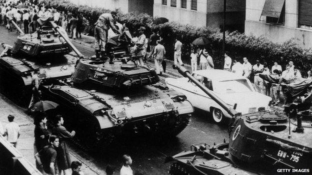 A street in Rio de Janeiro guarded by tanks a few hours after the escape to Uruguay of President Joao Goulart, ousted by a military coup in 1964