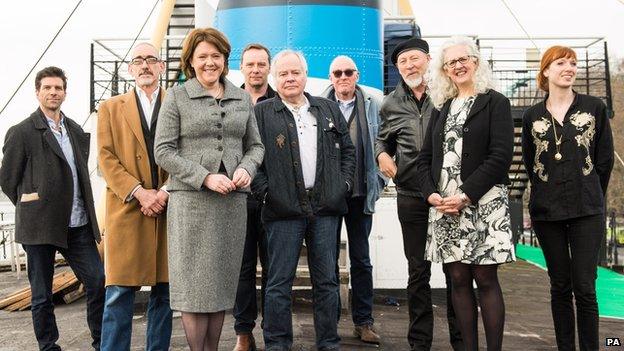 William Trevitt, Neil Bartlett, Culture Secretary Maria Miller, Michael Nunn, Graham Gingles, Richard Wentworth, Richard Thompson, Kate Pullinger and Chloe Dewe Mathews on HMS President,