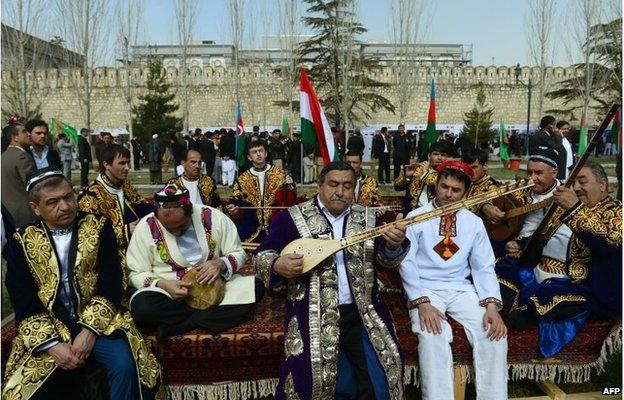 Tajik traditional musicians perform during the official Nawroz festivities at the Presidential Palace