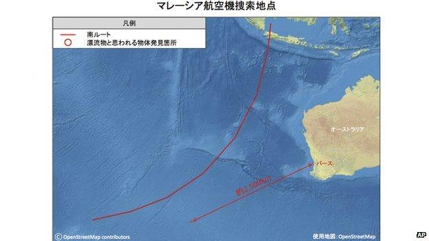 Map showing the location of Japanese satellite sightings of debris