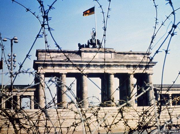 Brandenburg Gate through barbed wire