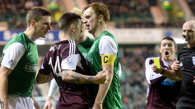 Hearts and Hibs players square up to one another at Easter Road