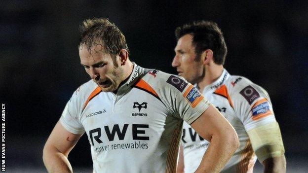 Alun Wyn Jones looks dejected after the Ospreys' defeat by Glasgow