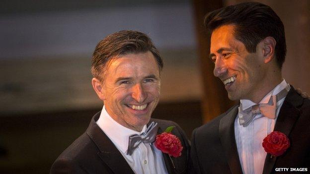 Peter McGraith (left) and David Cabreza outside Islington Town Hall before their wedding