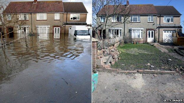 Two comparison photos showing how water has receded from flooded properties in the village of Moorland, Somerset