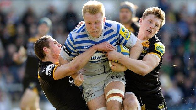 Jackson Wray of Saracens on his way to scoring the opening try during the Aviva Premiership match between London Wasps and Saracens