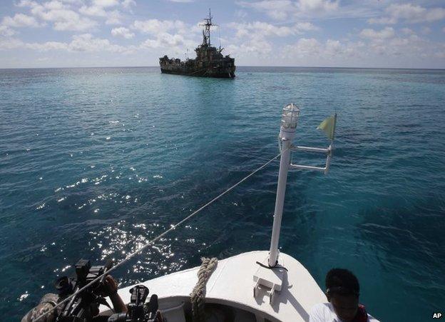 A dilapidated Philippine Navy ship with Philippine troops anchored off Second Thomas Shoal, March 29