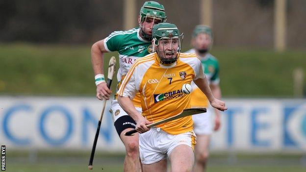 Man of the match Paul Shiels bursts away from Offaly's Joe Bergin in Ballycastle