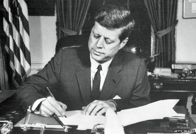 President John F Kennedy signs naval blockade order