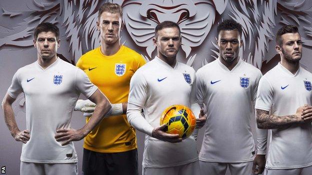 England players wearing the new kit for the 2014 World Cup