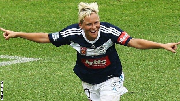 Jess Fishlock celebrates scoring for Melbourne