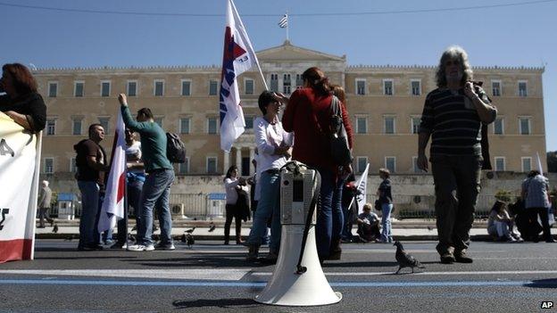 A loudspeaker is seen in front of the Greek parliament during a rally in Athens, on 19 March 2014