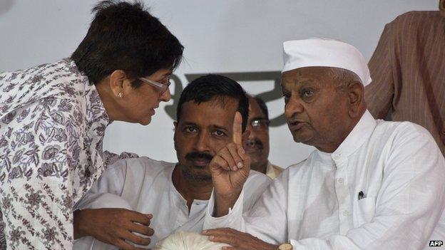 Veteran Indian social activist Anna Hazare (R) with Arvind Kejriwal, a member of his team during their hunger strike in New Delhi July 2012.