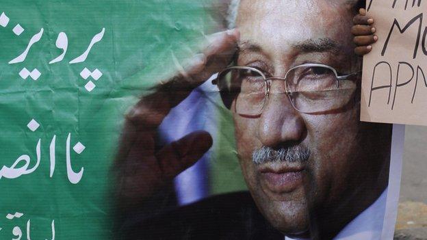 Supporters of Pakistan"s head of the All Pakistan Muslim League (APML) political party and former President Pervez Musharraf, chant slogans during a protest demanding a fair trial for him, in Karachi February 15, 2014.