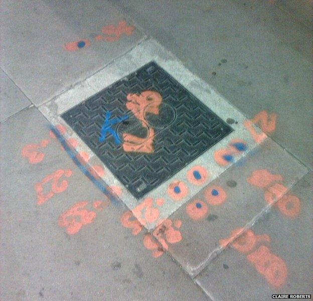 markings around a man hole cover