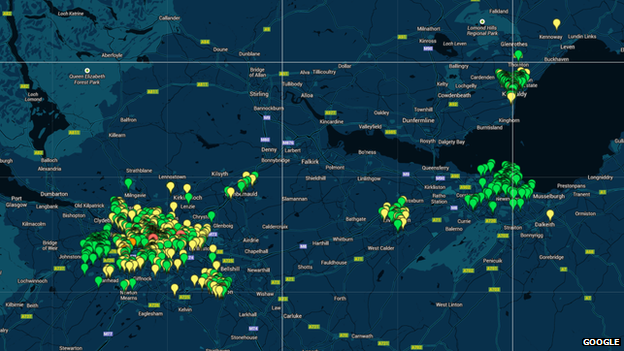 Interactive map showing the location and number of discarded needle reports in Scotland's 10 largest towns and cities over a two-year period.