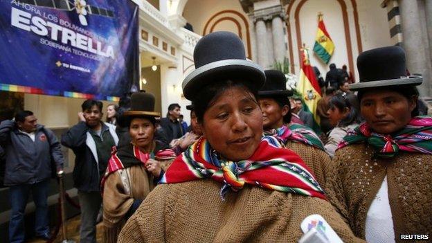 Indigenous leader Felipa Huanca attends a ceremony commemorating the takeover of the TKSAT-1 (Tupac Katari Satellite) at the presidential palace in La Paz on 1 April, 2014