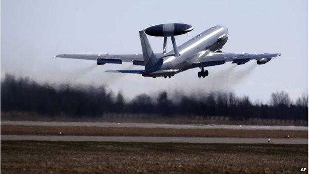 A Nato Airborne Warning and Control System (AWACS) aircraft takes off during the Lithuanian - NATO air force exercise at the Siauliai airbase