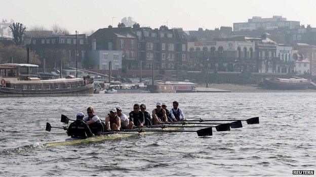 Oxford rowing crew train on the Thames for the annual boat race (2 March)